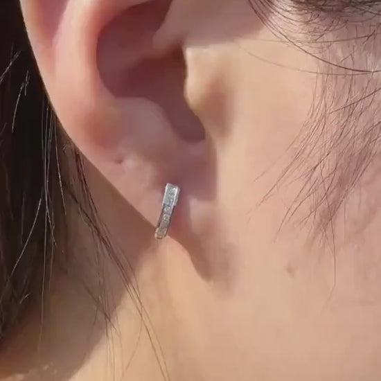 Natural Diamond Pavé Half Hoop Earrings, 14k Solid White Gold, April Birthstone Gift