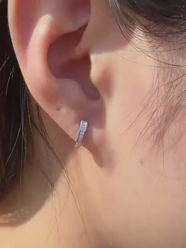 Natural Diamond Pavé Half Hoop Earrings, 14k Solid White Gold, April Birthstone Gift