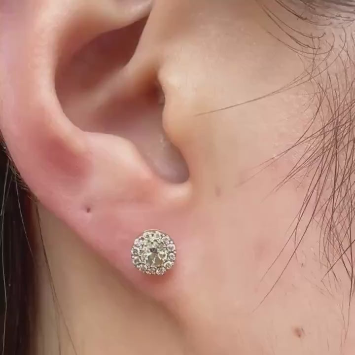 Genuine Aquamarine and Diamond Halo Round Studs in 18k Solid Gold